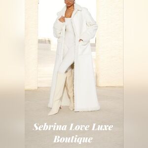 Luxe Ivory White Faux Leather Faux Shearling Trim/Lined Women's Maxi Coat